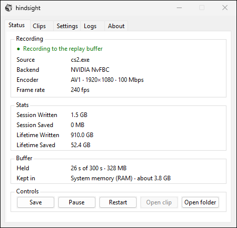 hindsight's Status tab while recording cs2 at 240 fps with AV1